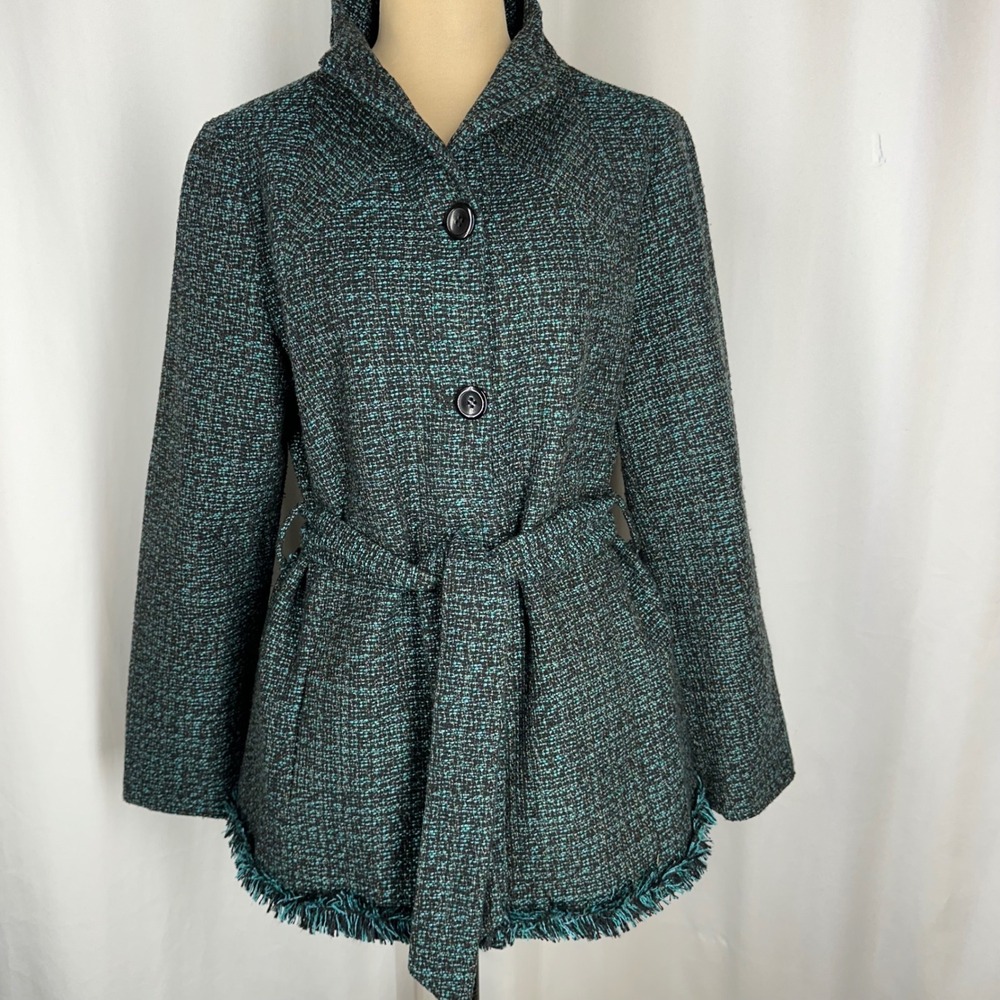 Milena Nicole Collection Teal Black Tweed Belted Jacket Coat Size 10 NWOT - Picture 3 of 15